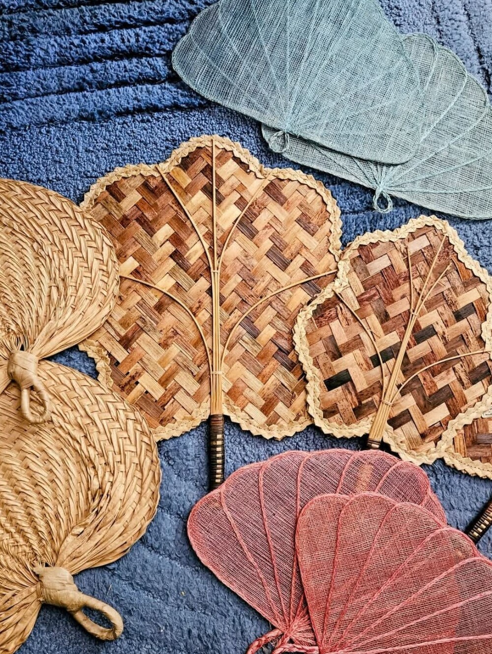 Bundle Of 9 Vintage Woven Handheld Fans - Natural Straw and Colored Mesh